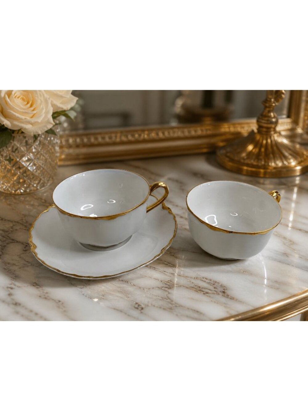 VTG Racine Bavaria Germany White Porcelain  Two Cups & 1 Saucer Gilded